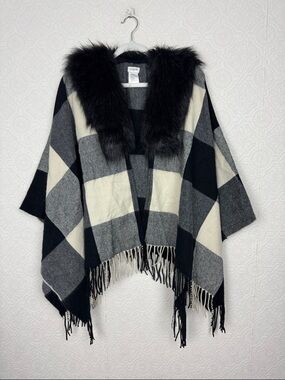 J.Crew Factory Buffalo Plaid Poncho Cape Faux Fur Collar‎ Fringe Black Cream OS